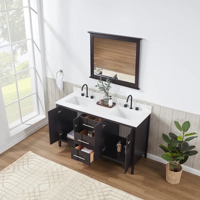 Meuble-lavabo de salle de bains moderne Florence sur pied avec plan en quartz blanc massif -