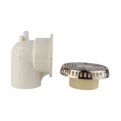 Walk-in tub return cover with polished nickel grate and white PVC elbow pipe fitting shown separately on white background