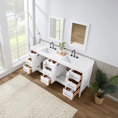 Meuble-lavabo de salle de bains moderne Florence sur pied avec plan en quartz blanc massif -