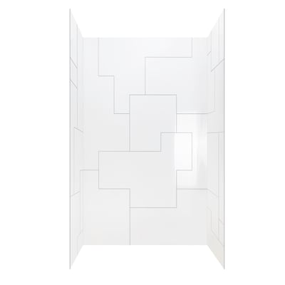 Kit de pared de ducha de 3 piezas de acrílico blanco con patrón de azulejos geométricos modernos UrbanMaze en una instalación de esquina