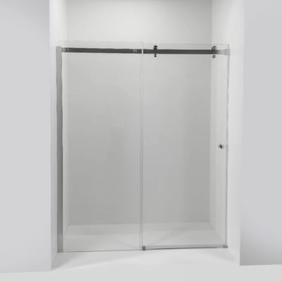 Porte de douche coulissante en verre trempé sans cadre Ella Primo avec quincaillerie chromée, installée dans une cabine de douche blanche