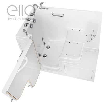 Bañera de acceso lateral Ola de Ella's Bubbles con puerta de apertura hacia fuera abierta, mostrando chorros de hidromasaje, barra de apoyo y suelo antideslizante