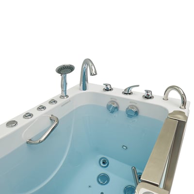 Top-down view of Ella Elite walk-in tub interior with chrome faucet, handheld showerhead, grab bar, and hydrotherapy jets