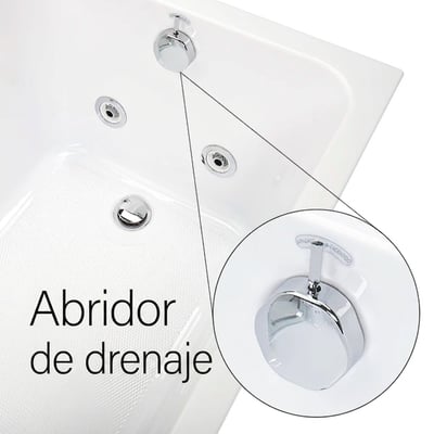 Primer plano del control cromado de apertura del desagüe en la bañera con puerta Ella Acrylic Laydown60 con detalle del suelo antideslizante