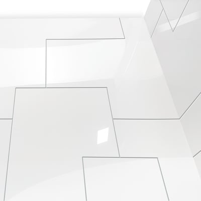 Primer plano de los paneles de pared de ducha de acrílico UrbanMaze en blanco brillante con patrón de azulejos geométricos en un kit de 3 piezas