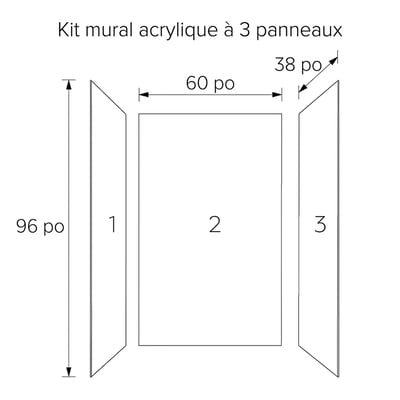 Schéma technique d'un kit mural acrylique 3 panneaux mesurant 152 cm de large, 102 cm de profondeur et 249 cm de haut