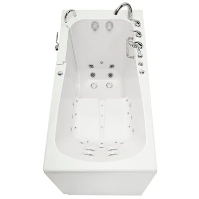 Overhead view of Ella Big4One walk-in tub with outward swing door, dual hydro and air jets, and chrome faucet fixtures