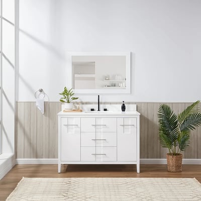 Meuble-lavabo de salle de bains moderne Florence sur pied avec plan en quartz blanc massif -