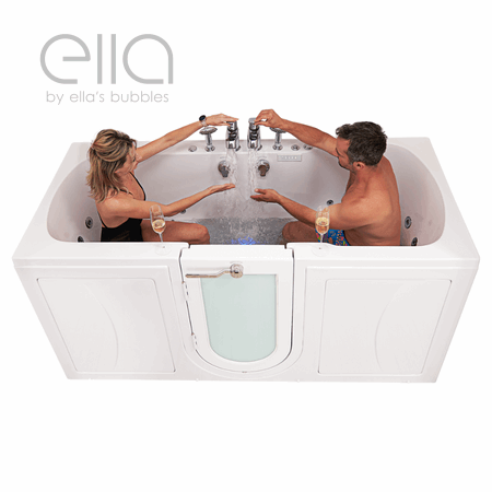 Couple toasting with wine glasses while soaking together in the Ella two-seat acrylic walk-in bathtub with jets