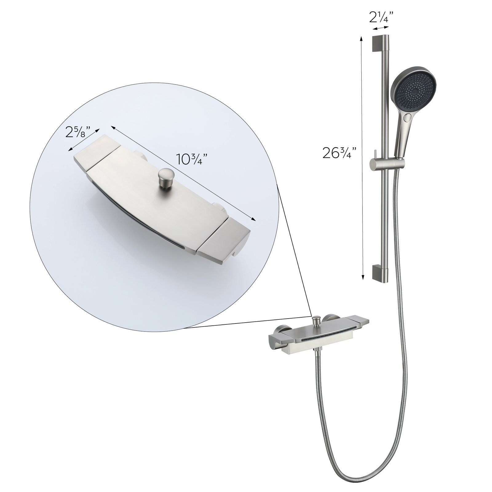 Robinet de baignoire cascade en nickel brossé avec douchette sur barre coulissante - schéma des dimensions indiquant une hauteur de 26¾"