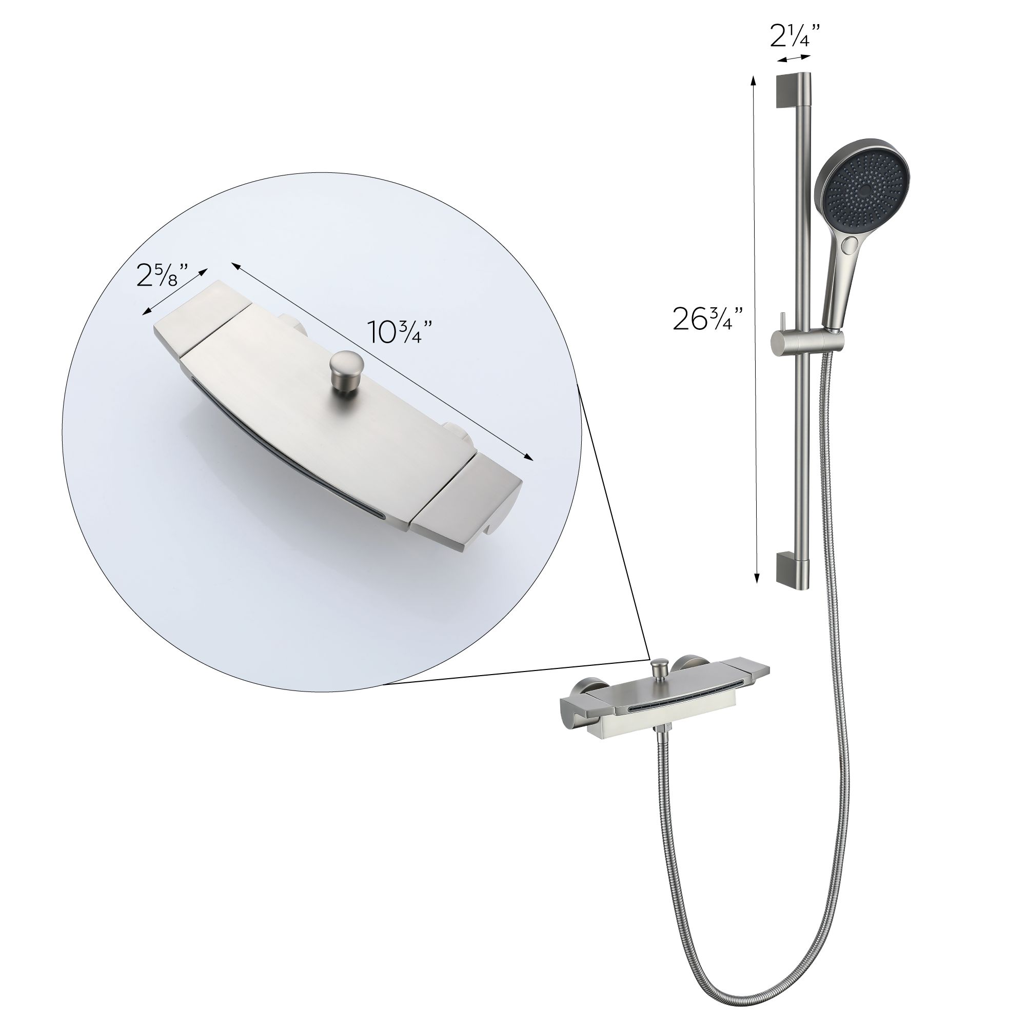 Brushed nickel waterfall tub faucet with handheld showerhead on slide bar - dimensions diagram showing 26¾" height