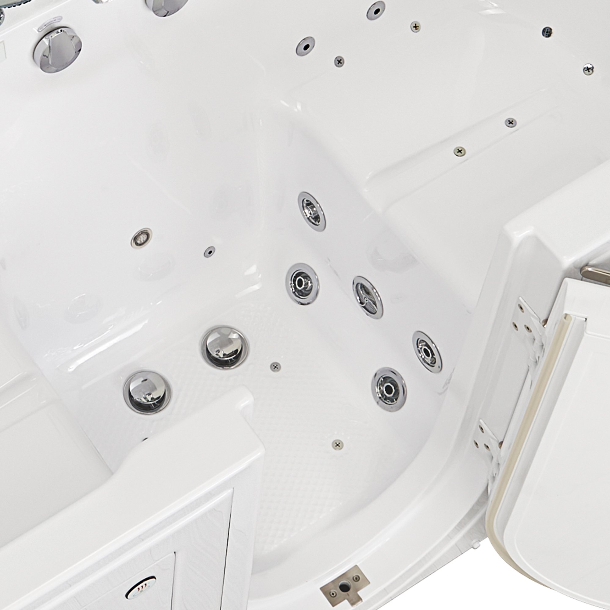 Gros plan en plongée de l'intérieur de la baignoire Ella Big4Two montrant les jets hydro chromés, les jets d'air et les deux vidanges, porte ouverte