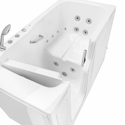 Three quarter view of a left hand drain Standard60 walk in tub with the door open and the seat in full view.