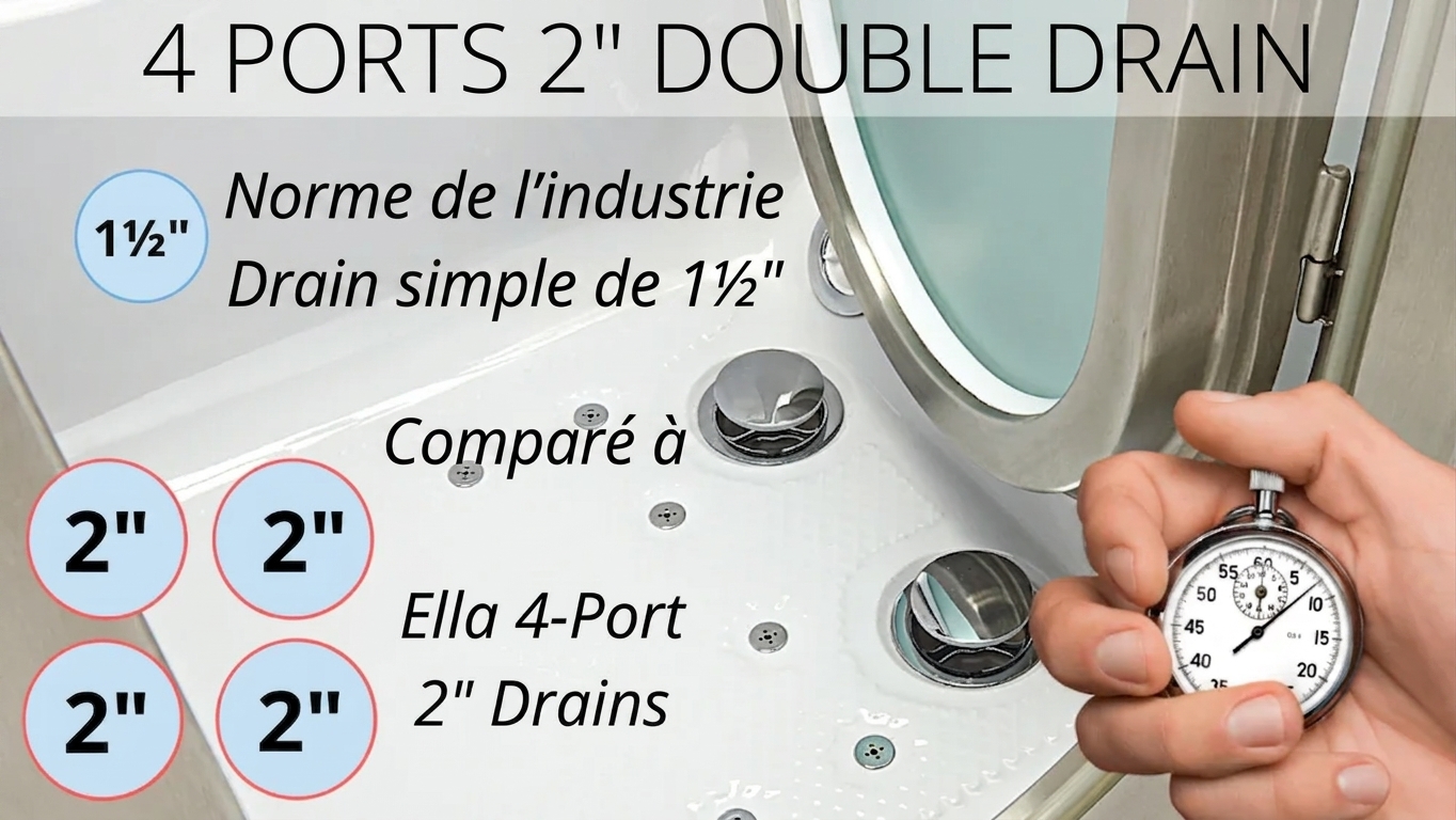 Main tenant un chronomètre à côté du fond d’une baignoire à porte Ella, montrant le système de double vidage à 4 ports de 2 pouces par rapport à un vidage simple standard