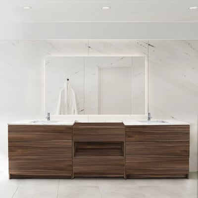 Mueble de baño modular Ella ST36 en acabado nogal, con doble seno, encimera de mármol y espejo retroiluminado