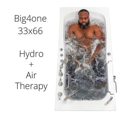 Man relaxing with eyes closed in the Ella Big4one 33x66 walk-in tub with hydro and air therapy jets active
