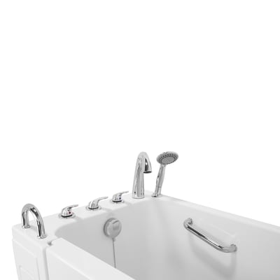 White Ella S-Class walk-in soaking tub with chrome faucet, handheld showerhead, dual grab bars, and inward swing door