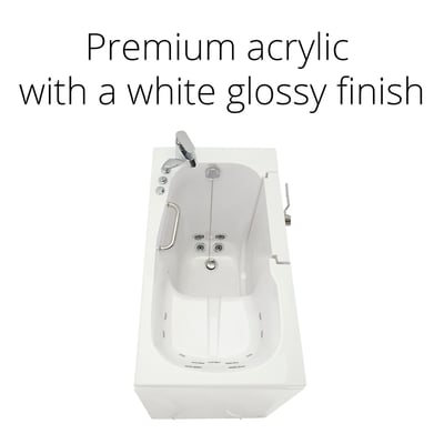 Top-down view of Ella Mobile walk-in tub with white glossy acrylic finish, hydro jets, and chrome faucet