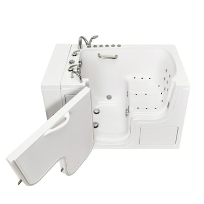 Ella walk-in tub with outward swing door open showing air and hydro jets, grab bar, and built-in seat