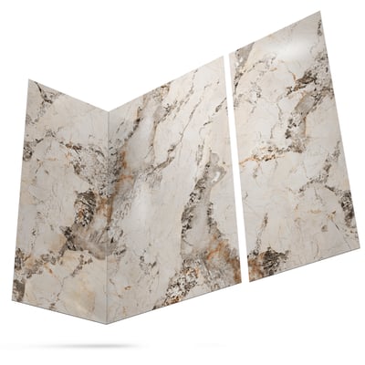 Three-panel acrylic shower wall surround set in Molten Marble finish with cream, gray, and gold veining pattern
