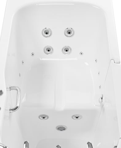Overhead view of the Ella Standard 3052 walk-in tub interior showing hydro therapy jets, built-in seat, grab bars, and drain