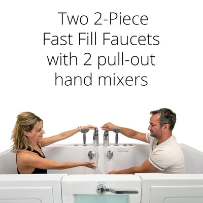 Couple reaching toward dual fast fill faucets with pull-out hand mixers on the Ella Big4Two two-seat walk-in tub