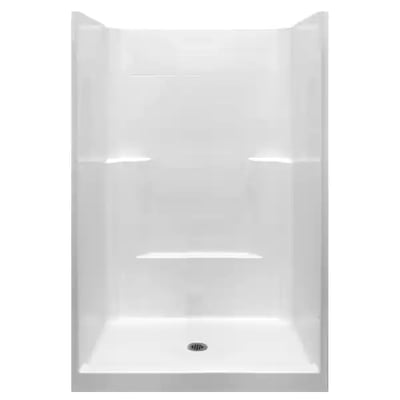 White Ella accessible shower stall kit with built-in shelves, center drain, and barrier-free base - front view