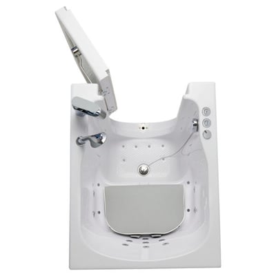 Overhead view of Ella walk-in tub interior showing anti-slip floor, built-in seat riser, drain, and open outward-swing door