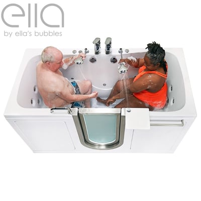Two adults bathing together using handheld showers in an Ella's Bubbles two-person walk-in tub with hydrotherapy jets