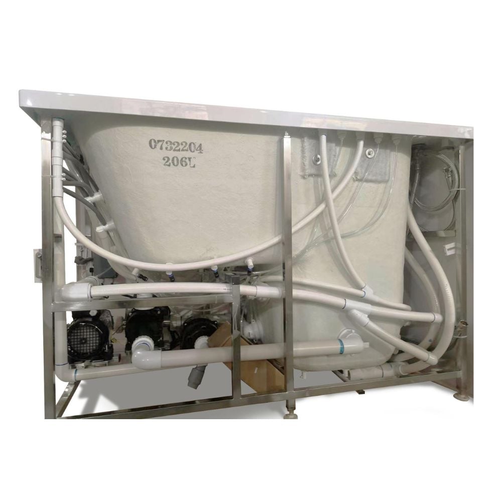 Underside view of an Ella walk-in tub showing the hydrotherapy pump system, PVC piping and stainless steel frame
