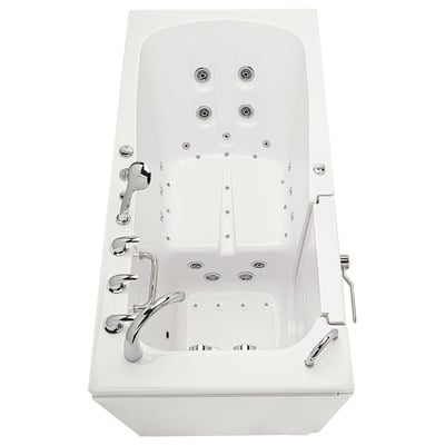 Overhead view of Ella Big4One walk-in tub interior showing hydro and air massage jets, anti-slip floor, and chrome fixtures with outward swing door
