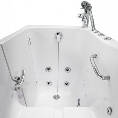 Interior of a left hand drain Standard60 walk in tub with chrome jets, grab bars and a deck mounted faucet.