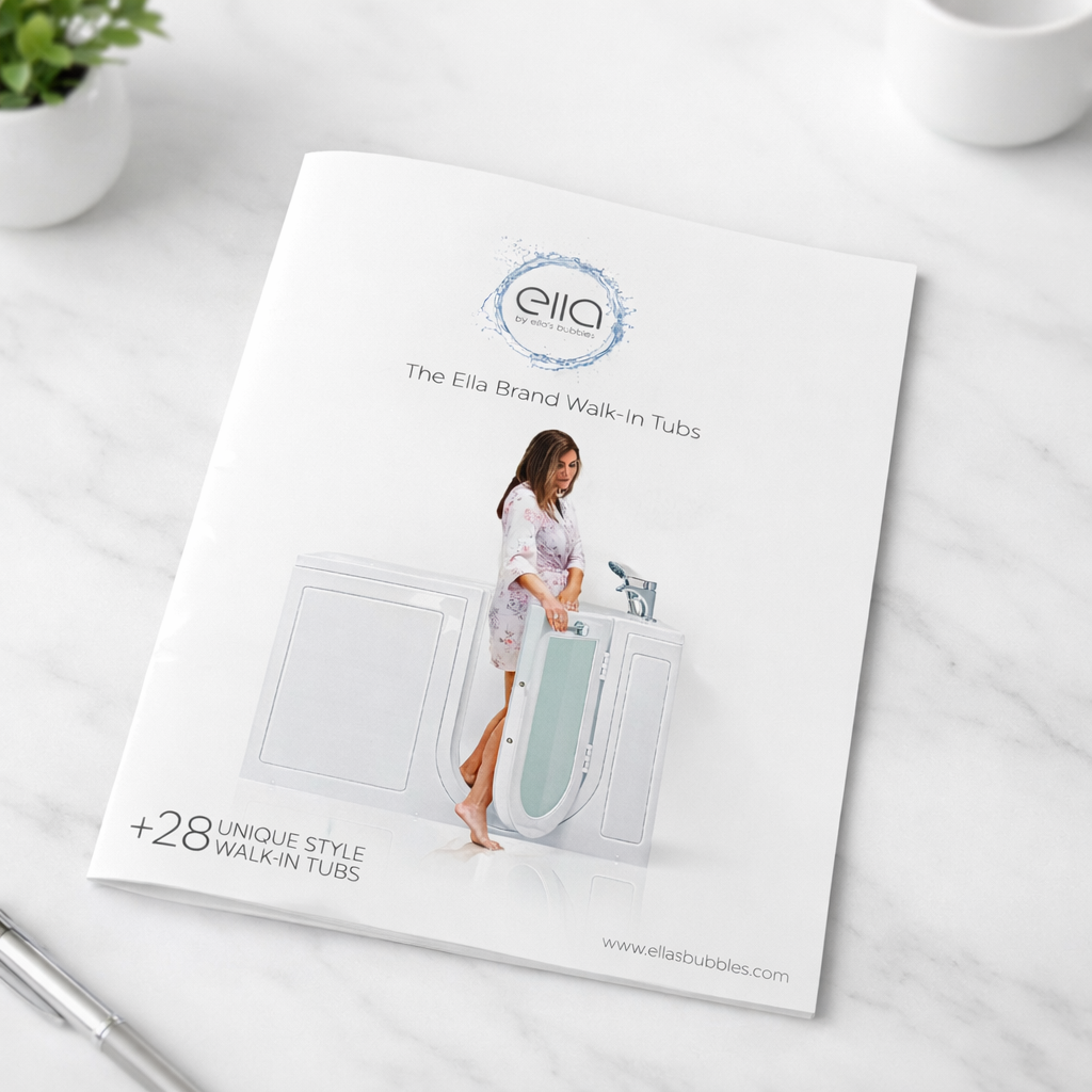 Ella's Bubbles walk-in tub product catalog on marble surface featuring woman in floral robe stepping into a walk-in tub