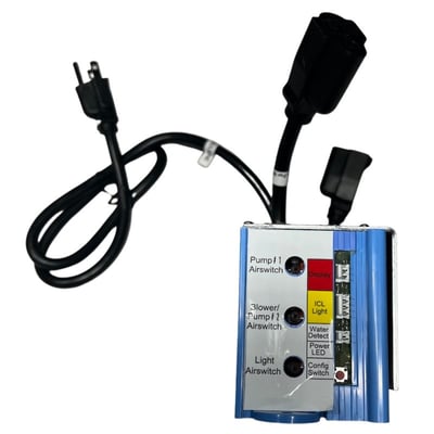 Walk-in tub control box with pump airswitches, blower, ICL light, water detect, and power LED with attached cables