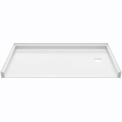 White acrylic Ella roll-in wheelchair accessible shower base 60x32 with right side drain on white background