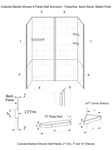 Travertino Arenisca Mate - Mármol Cultivado 8PC Panel para Pared de Ducha Paquete 3 - 50% DE DESCUENTO - |