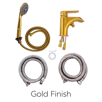 Gold finish walk-in tub faucet kit with handheld showerhead, single-lever faucet, hose, and supply lines