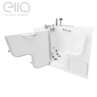 Ella's Bubbles Transfer32 wheelchair accessible walk-in tub with outward swing door open showing hydro jets and grab bars