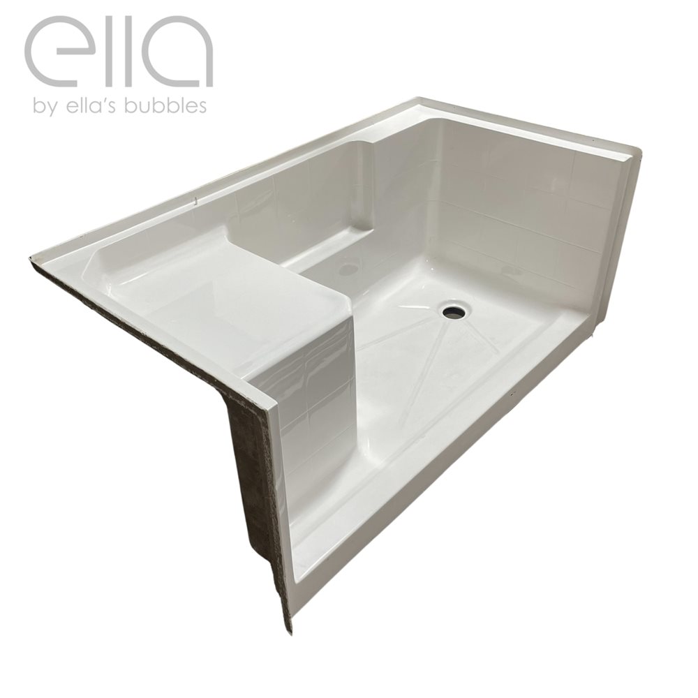 Ella AcrylX shower base with molded seat, 33 by 60 inches, white acrylic with center drain