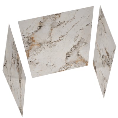 Three-panel acrylic shower wall surround kit in Molten Marble pattern with cream, gray, and gold veining