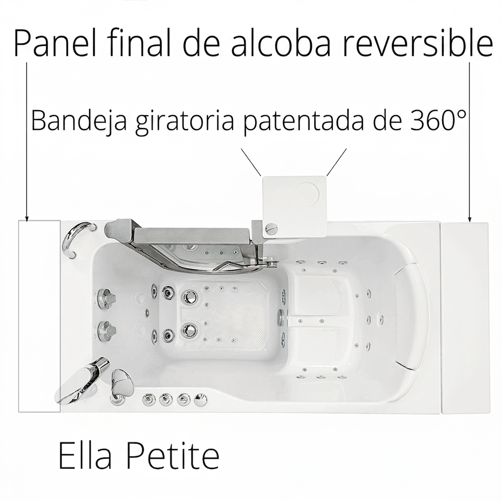 Vista superior de la bañera con puerta Ella Petite que muestra el panel lateral reversible para hueco, la bandeja giratoria y los hidrojets