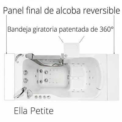 Vista superior de la bañera con puerta Ella Petite que muestra el panel lateral reversible para nicho, la bandeja giratoria de 360 grados patentada y los chorros de hidromasaje