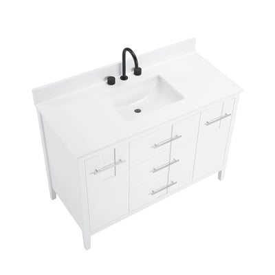 Meuble-lavabo de salle de bains moderne Florence sur pied avec plan en quartz blanc massif -