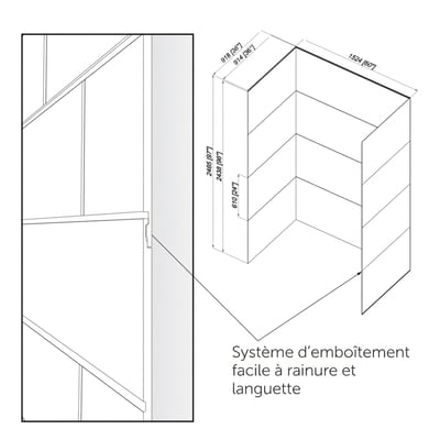 Schéma technique du système d’emboîtement à rainure et languette du kit mural de douche avec dimensions étiquetées 36x60 pouces et hauteur de 97 pouces