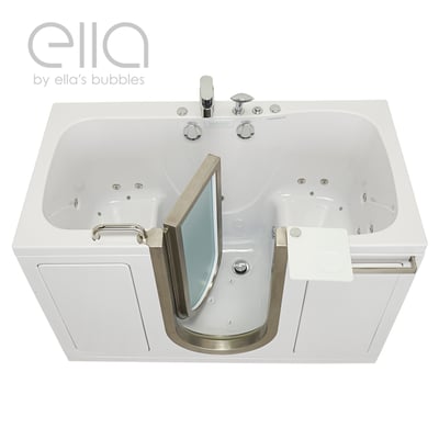 Ella's Bubbles Companion walk-in tub with open outward-swing door, hydro jets, grab bar, and built-in seat with dual drain technology