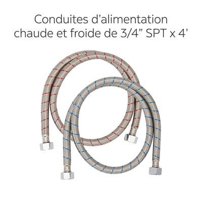 Paire de conduites d'alimentation en eau chaude et froide tressées en acier inoxydable SPT de 3/4 pouce avec raccords chromés pour l'installation de baignoires à porte