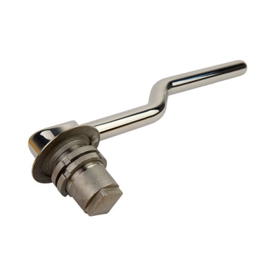 Close-up of a polished chrome lever door handle with threaded bolt mechanism for walk-in tub door installation