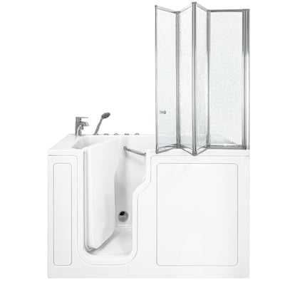 White walk in tub seen from the side with the door open and the four fold glass shower screen folded back.