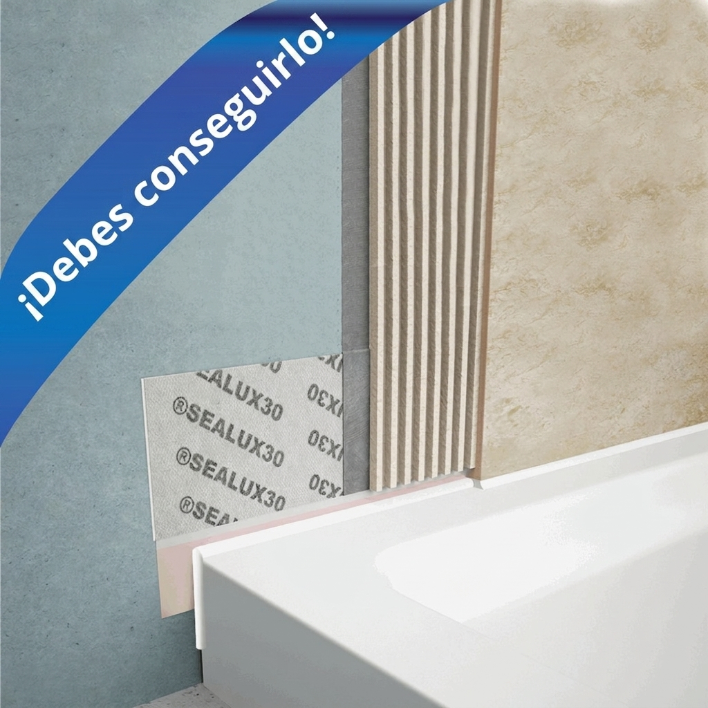 Diagrama de sección transversal de la instalación de la brida para azulejos Ella con membrana impermeable Sealux30 en el revestimiento de pared de una bañera
