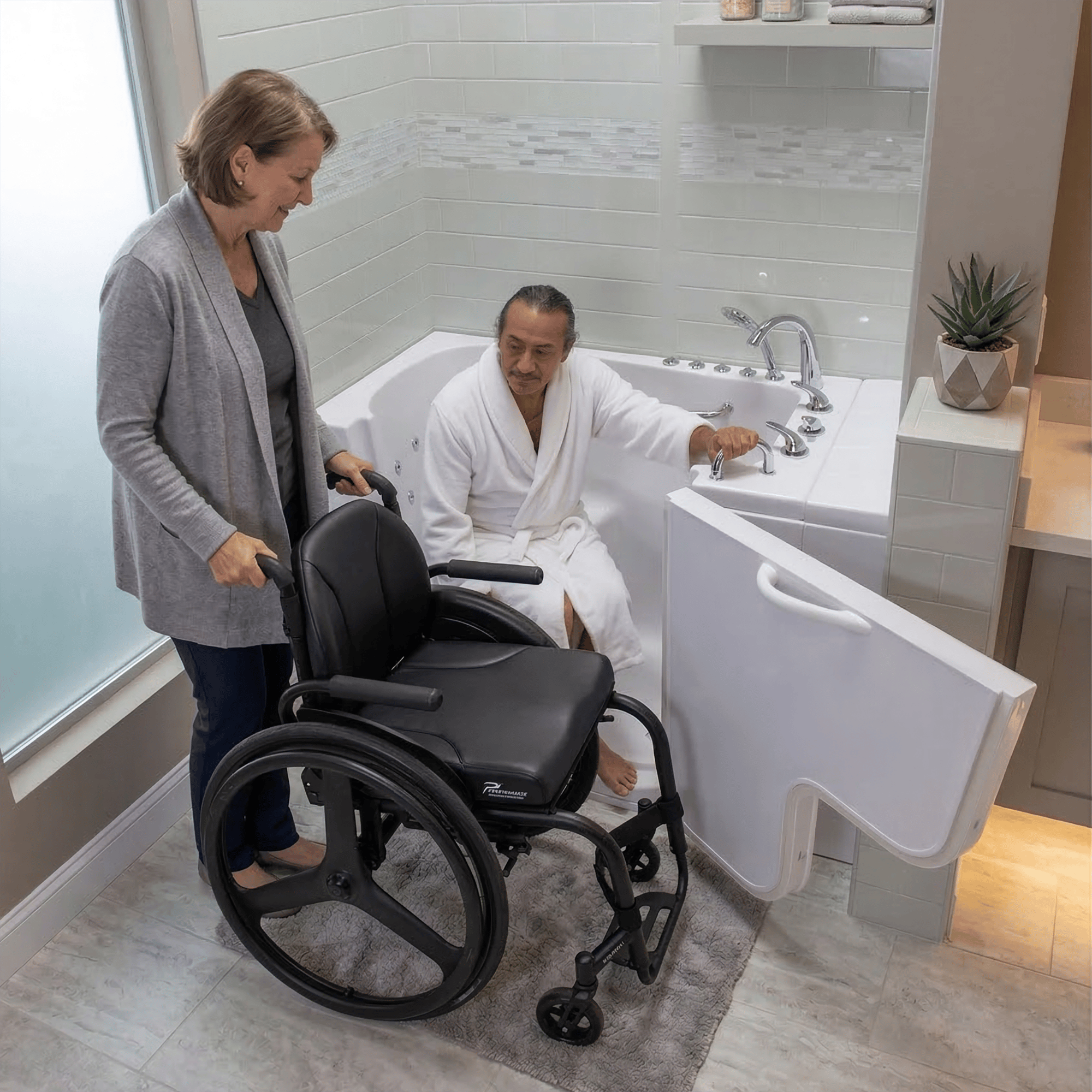 Caregiver assisting a wheelchair user transferring into the Ella Transfer32 walk-in tub through the wide outward swing door